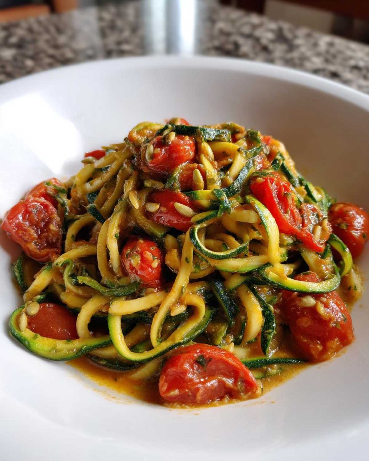 Zucchini Noodles (Zoodles) with Cherry Tomato Pesto - detail 2